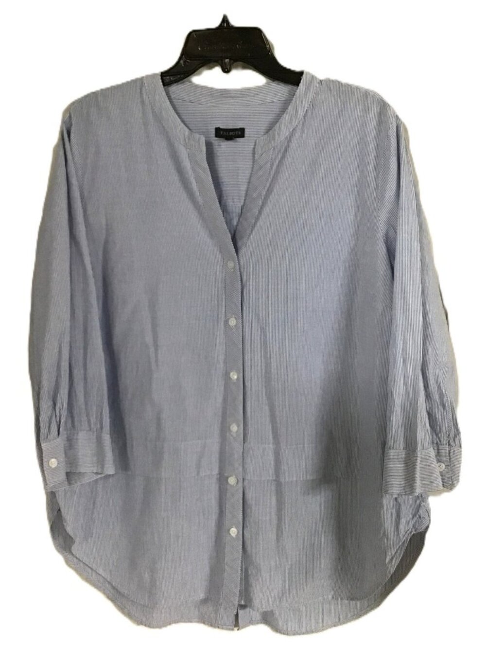Talbots Women XL Cotton Blue Stripe Button Front 3/4 Sleeve Tunic Shirt